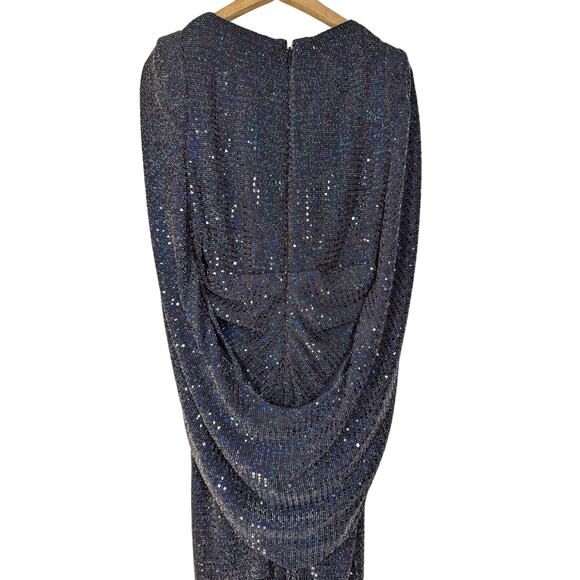 Talbot Runhof Rosin Metallic Navy Draped Gown V-Neck Cape Sleeve 6 36 Preowned - Picture 7 of 14